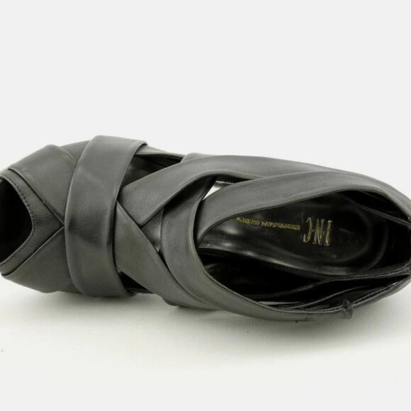 INC Black Leather Marona Open Toe Strappy Platform Heels Shoes - Picture 3 of 5